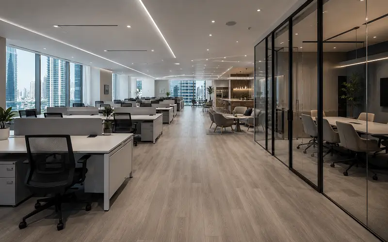 LVT vinyl flooring in a Dubai DIFC commercial office fit-out
