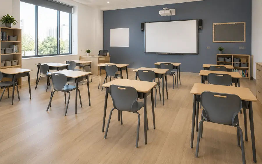 LVT vinyl flooring with acoustic underlay in a Dubai KHDA-regulated private school classroom