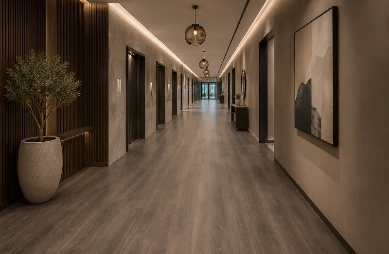 SPC vinyl flooring in a Dubai high-traffic commercial corridor