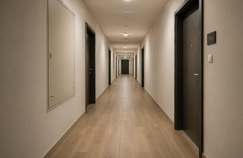 Budget-friendly vinyl plank flooring in a Dubai service corridor and value-tier refresh