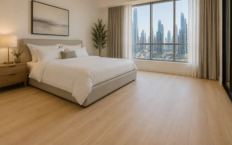 WPC vinyl flooring with soft-comfort core in a Dubai bedroom