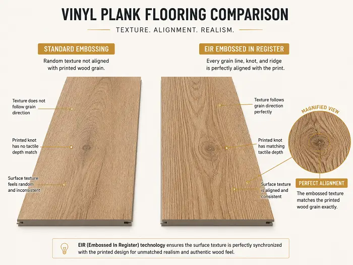 EIR Embossed In Register vinyl plank texture alignment with printed wood pattern