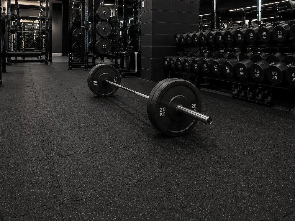 Free weights heavy drop zone with rubberised flooring, honest exclusion from vinyl spec in a UAE commercial gym