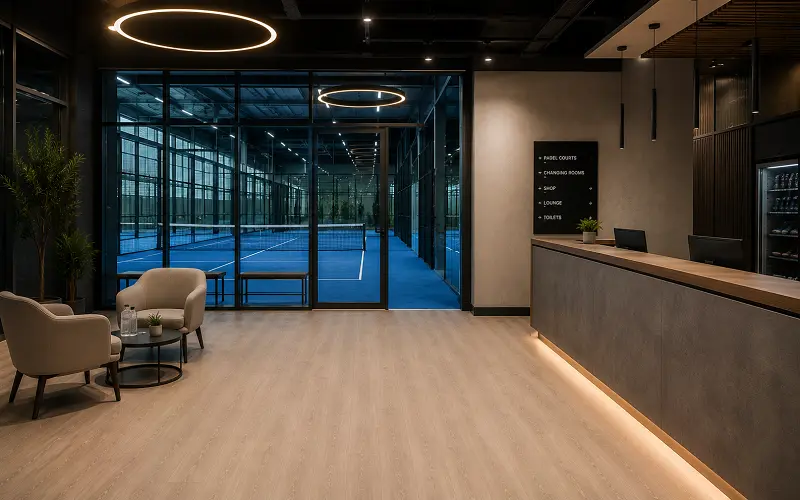 Padel court and CrossFit affiliate facility with vinyl reception zones and honest exclusion for playing surfaces in Dubai