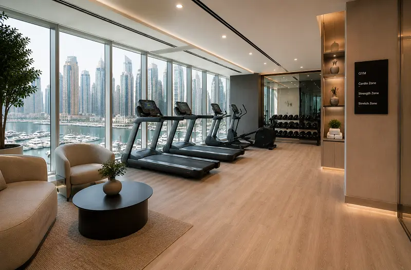 Residential tower amenity gym interior with standardised vinyl flooring spec in Dubai Marina