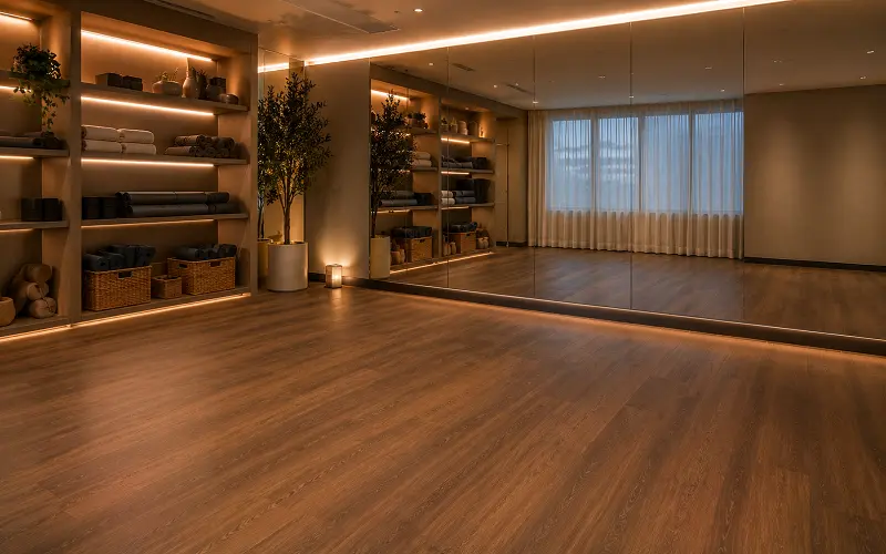 Specialty yoga and Pilates studio interior with premium LVT vinyl flooring in Dubai DIFC