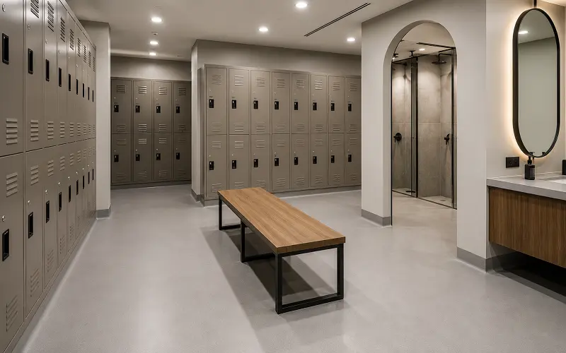 R11 slip-rated antimicrobial vinyl sheet flooring in a Dubai gym changing room