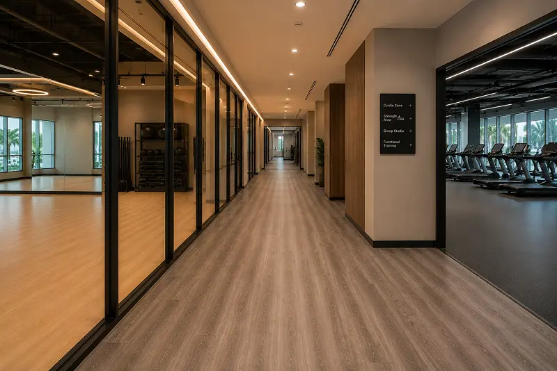 SPC mid-spec vinyl flooring in a Dubai gym circulation corridor and service zone