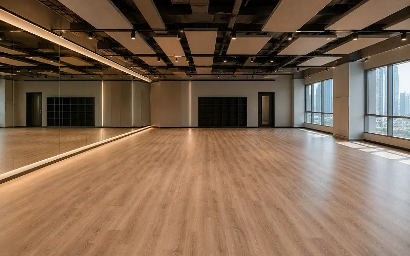 SPC vinyl flooring with acoustic underlay in a Dubai HIIT and yoga group fitness studio