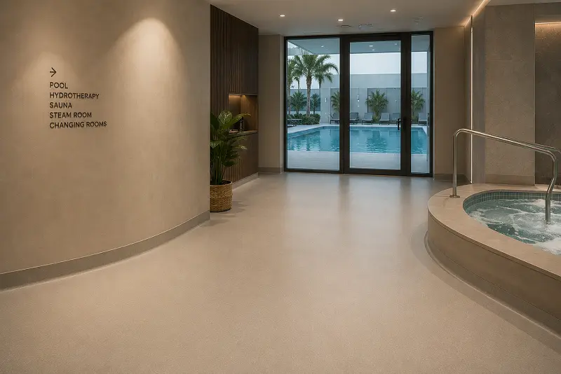 R11 maximum slip-rated vinyl sheet flooring in a Dubai gym pool deck transition and hydrotherapy zone