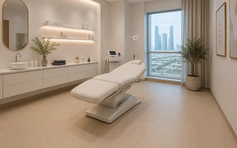 Aesthetic clinic procedure room with healthcare-grade vinyl flooring in Dubai