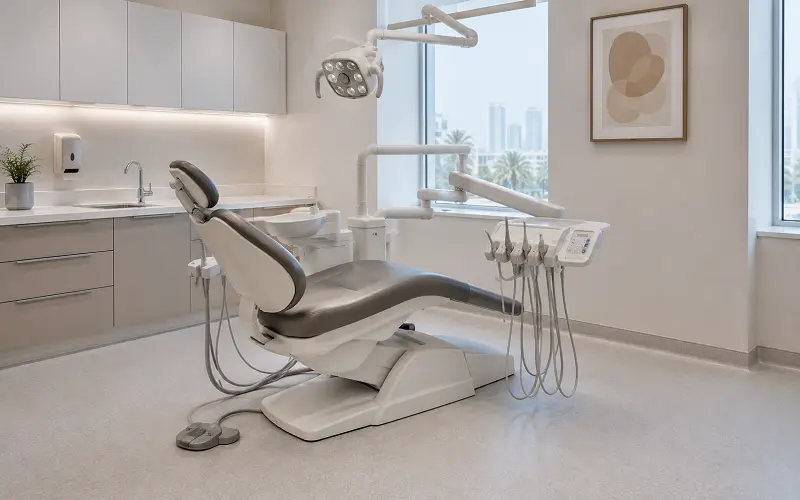 Dental clinic treatment room with heat-welded vinyl sheet flooring in Dubai