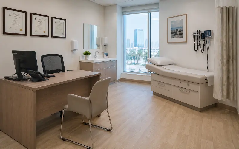 GP family practice interior with vinyl sheet flooring in an Abu Dhabi consultation room