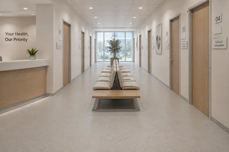 UAE polyclinic interior with vinyl sheet flooring across consultation and treatment rooms