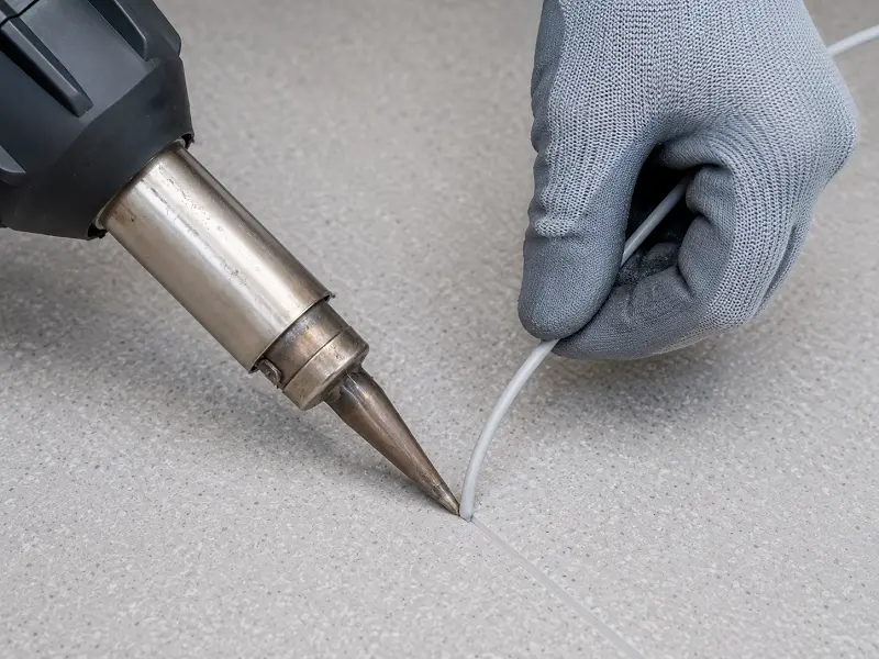 Heat-welding vinyl sheet flooring installation in a Dubai clinic with hot-air welder and matched welding rod