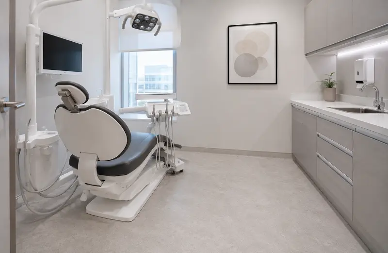 Heterogeneous vinyl sheet flooring in an Abu Dhabi dental clinic treatment room