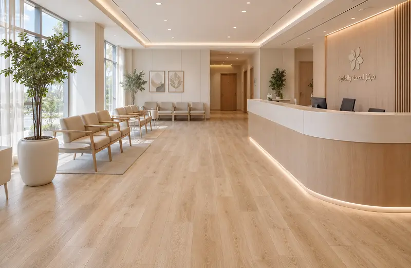 SPC vinyl flooring in a UAE hospital reception waiting area with wood-look finish