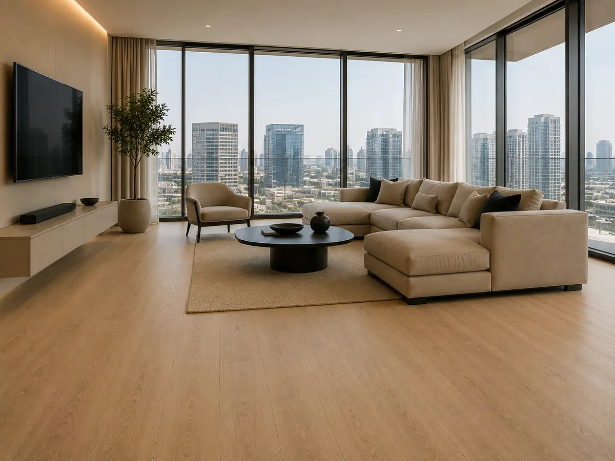 Acoustic vinyl flooring in a UAE apartment living room with sound-reducing underlay