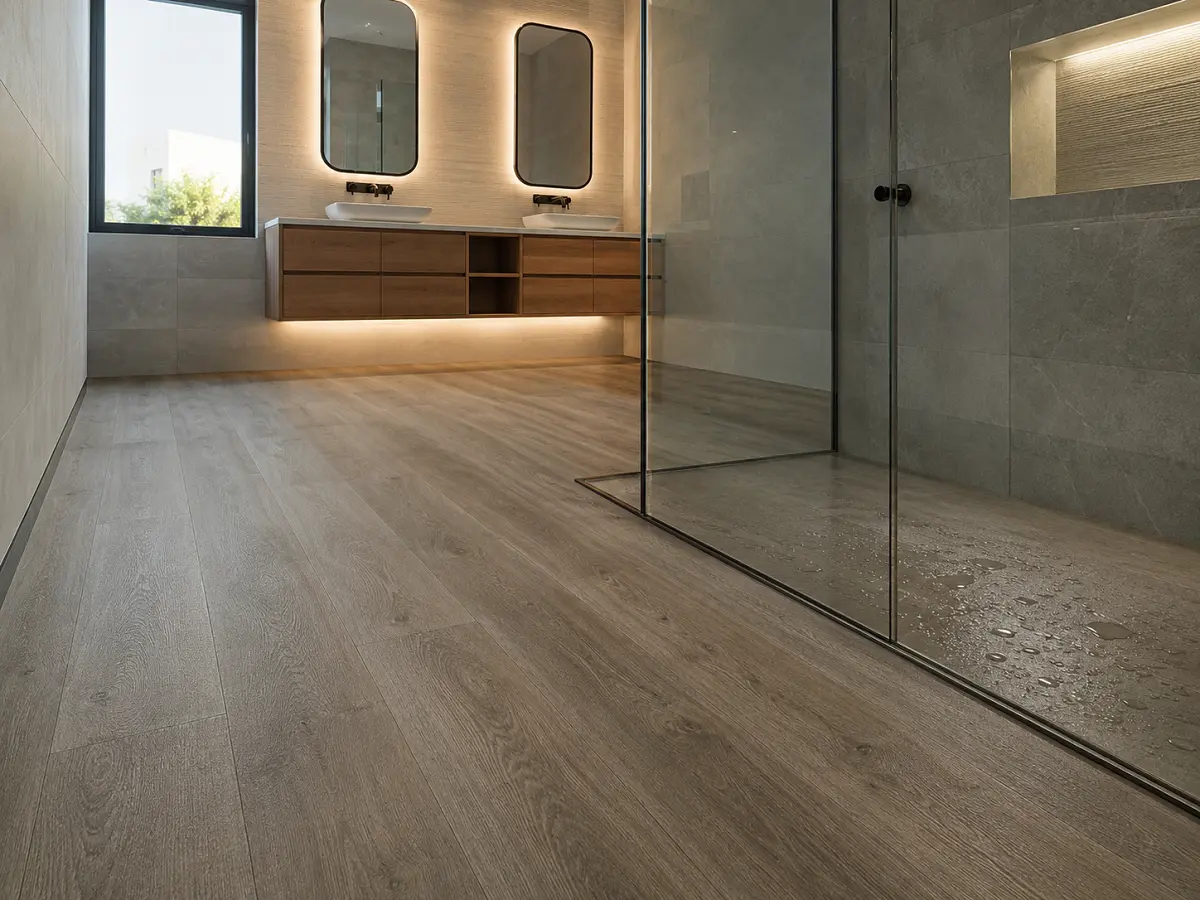 R10 R11 anti-slip vinyl flooring installed in a UAE bathroom with textured slip-resistant wear layer