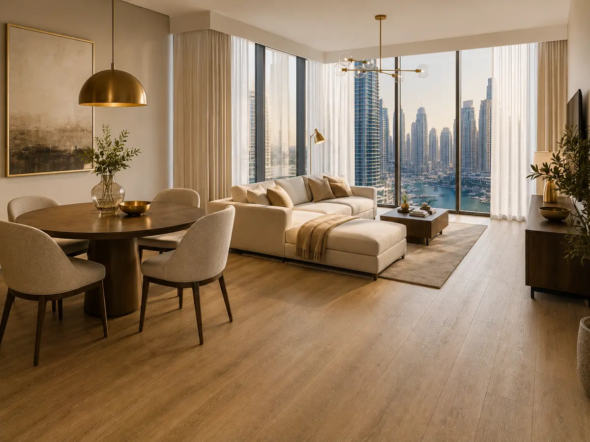Premium LVT vinyl flooring installed in a Dubai apartment living and dining area