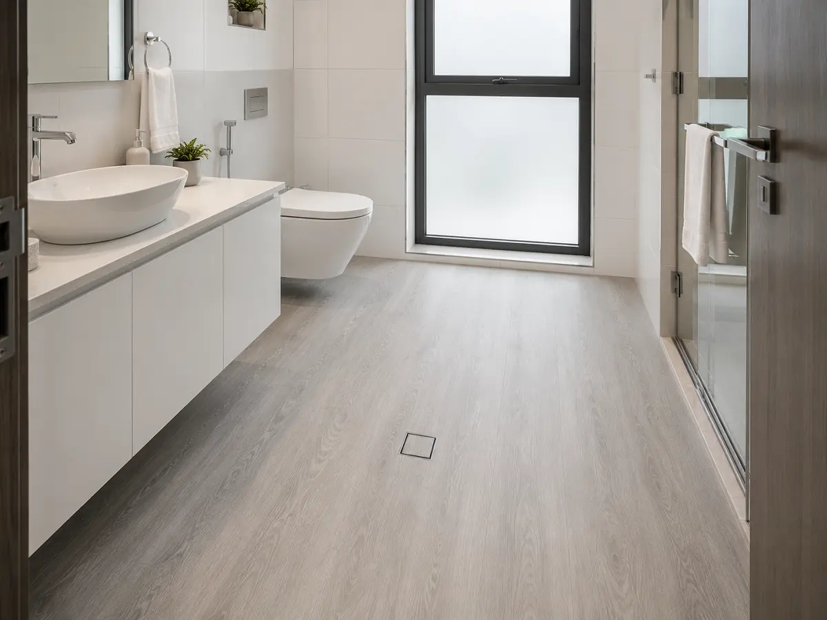 SPC vinyl flooring installed in a Dubai apartment bathroom with vanity and floor drain