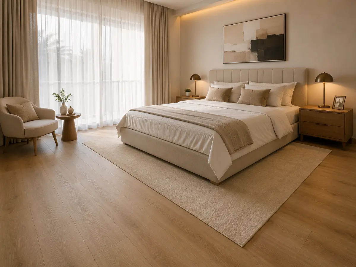 Wide-plank LVT vinyl flooring installed in a Dubai master bedroom