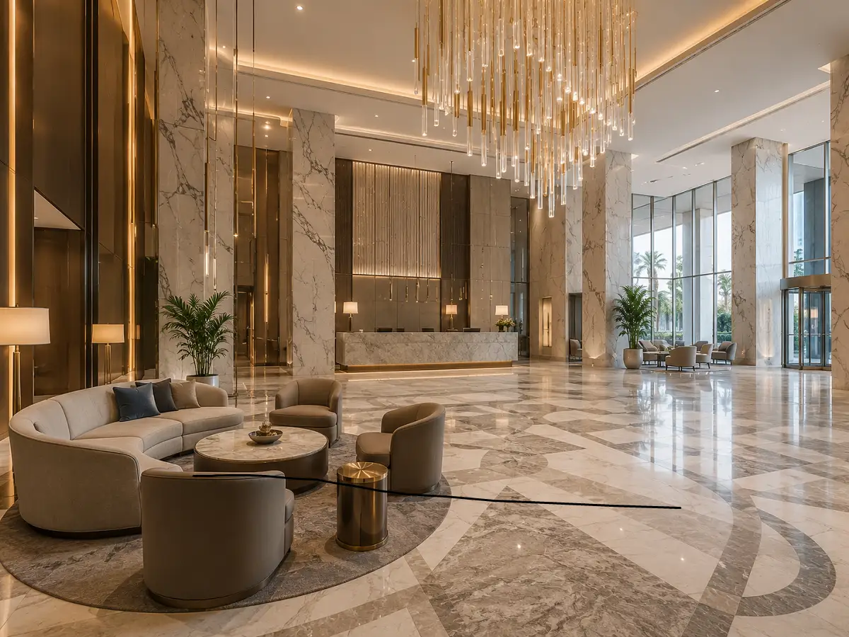 Premium LVT vinyl flooring installed in a Dubai 5-star hotel lobby with brand-defining aesthetic