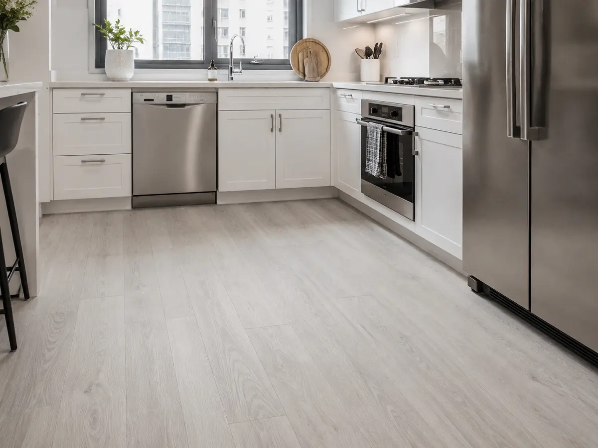 SPC vinyl flooring installed in a Dubai apartment kitchen with full appliance set