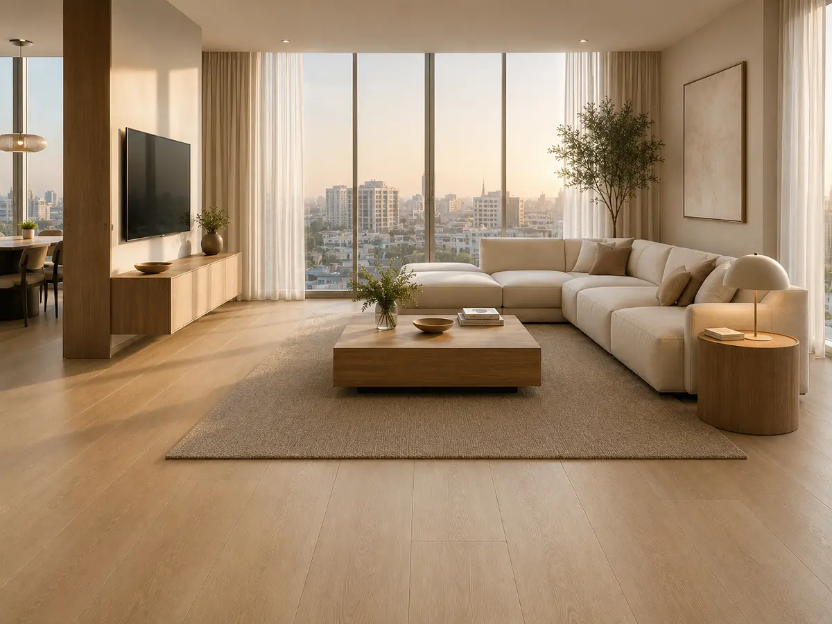 Wide-plank LVT vinyl flooring installed in a Dubai apartment living room
