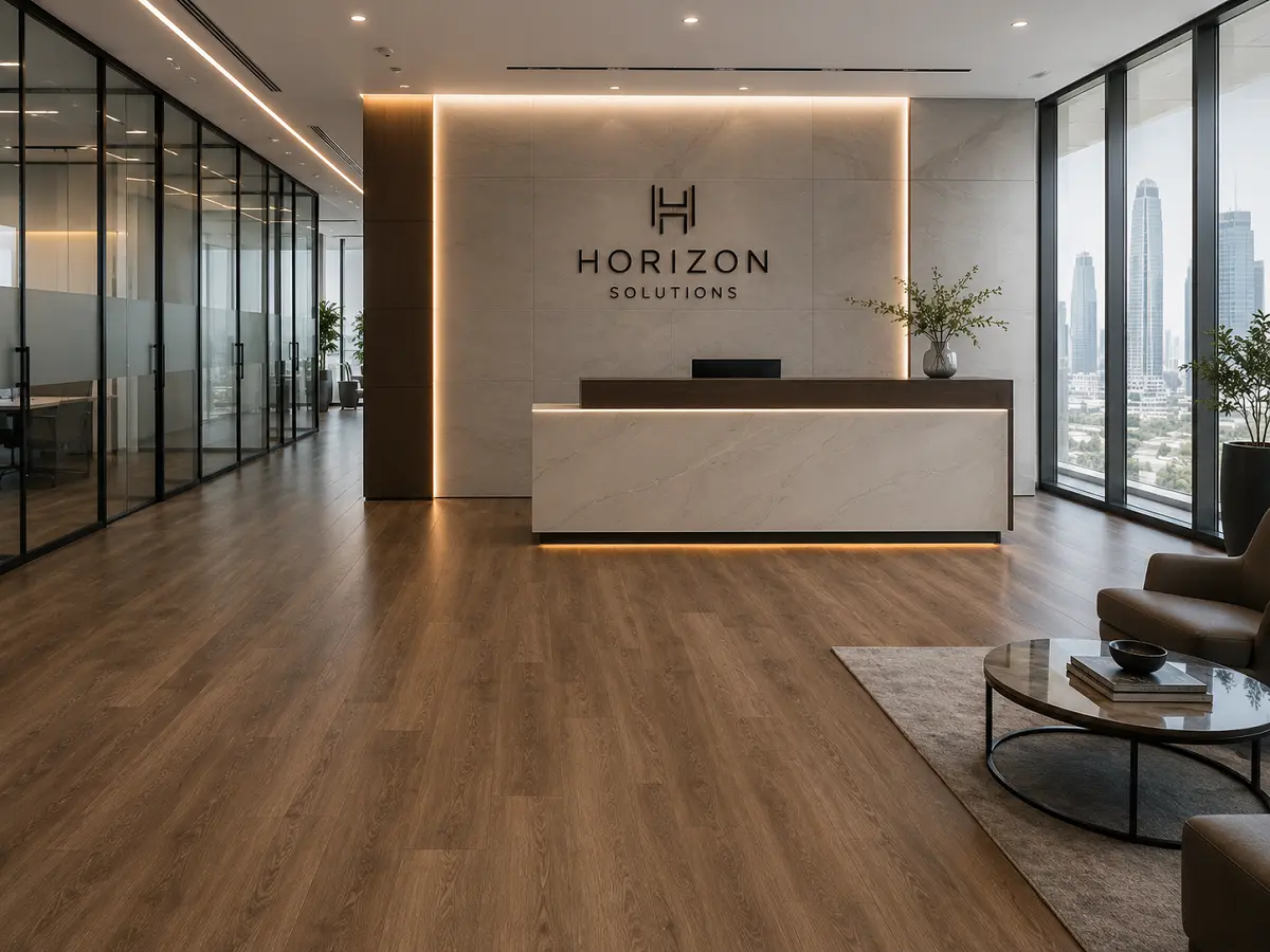 LVT vinyl flooring installed in a Dubai corporate office reception with brand aesthetic