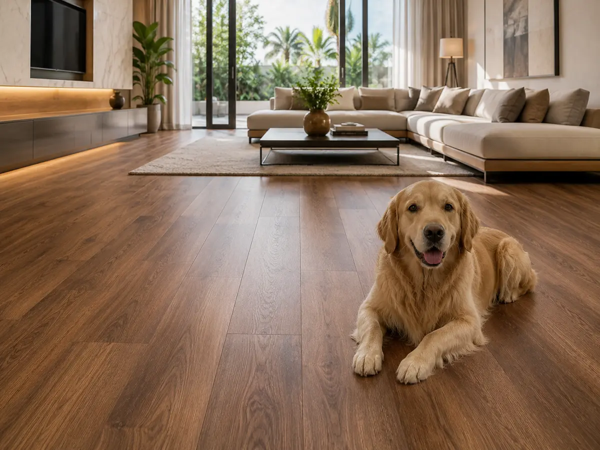 Pet-friendly scratch-resistant vinyl flooring in a UAE living room with a dog