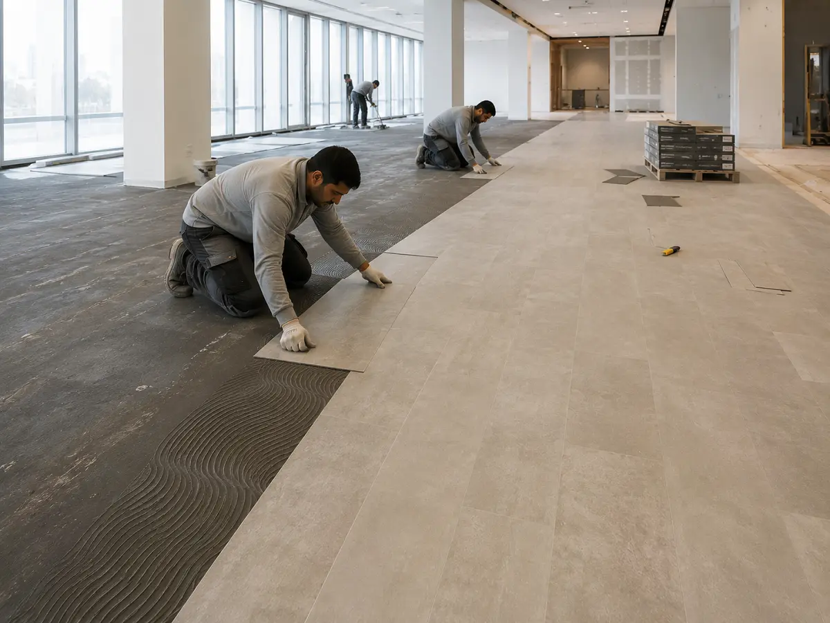 Commercial vinyl flooring installation in progress on a UAE project site