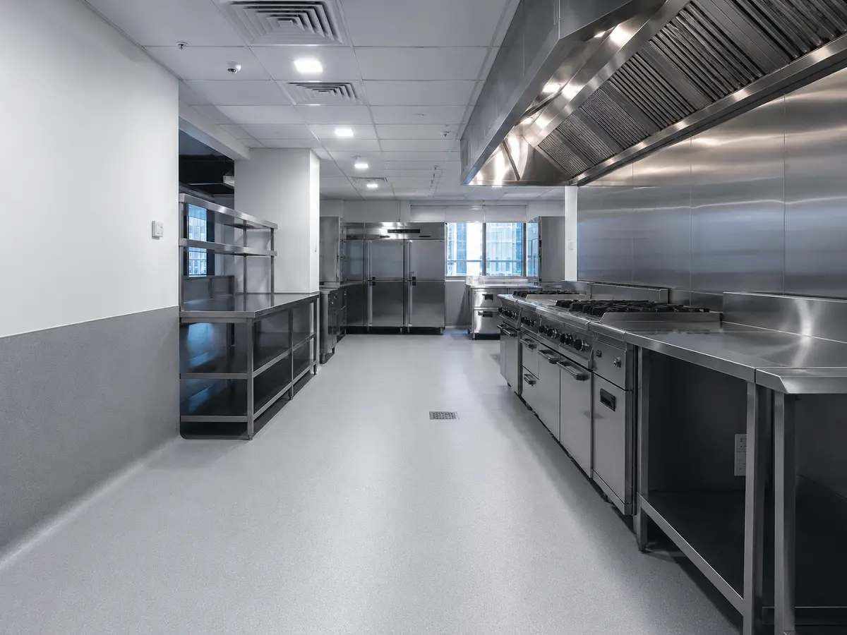 Heat-welded vinyl sheet flooring with coved skirting installed in a Dubai restaurant commercial kitchen