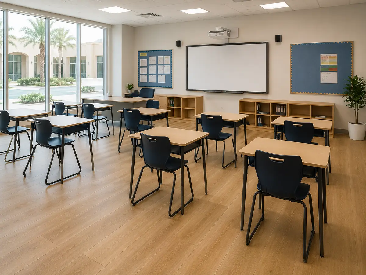 Premium LVT vinyl flooring with acoustic underlay installed in a Dubai private school classroom