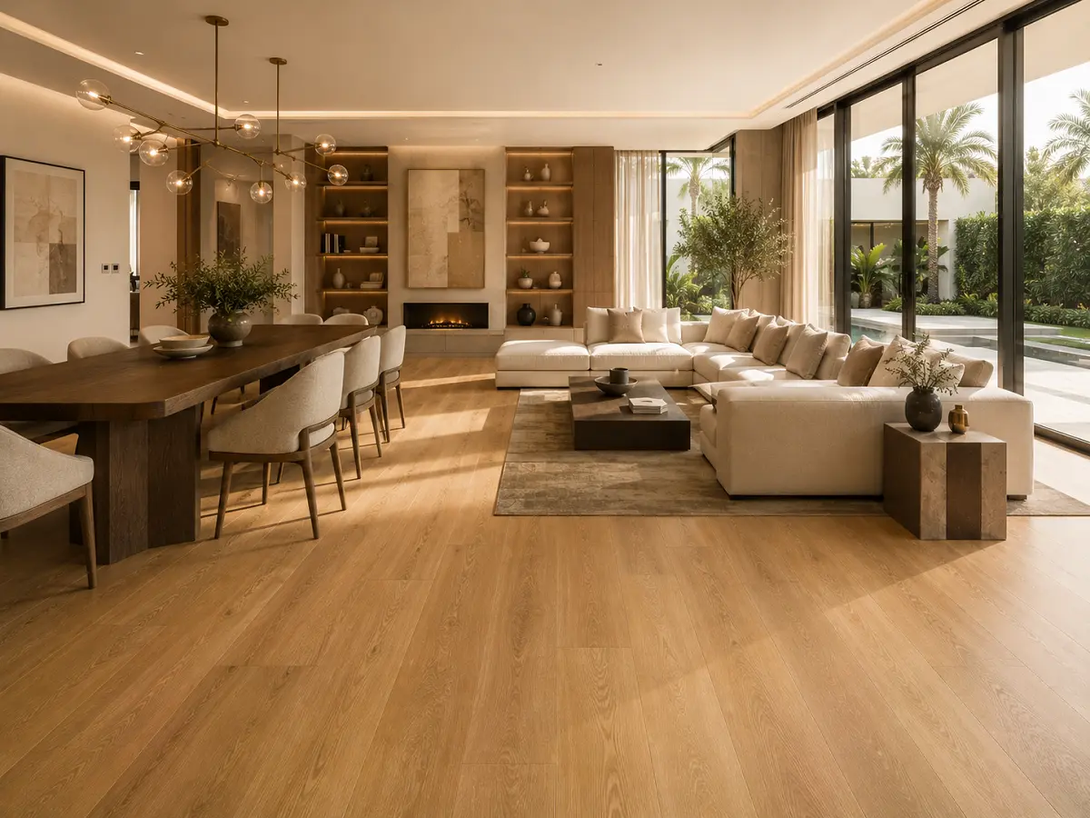 Premium vinyl flooring installed in a Dubai villa living and dining area