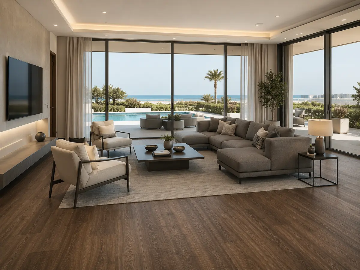 Premium LVT vinyl flooring installed in a Saadiyat Island villa living room Abu Dhabi