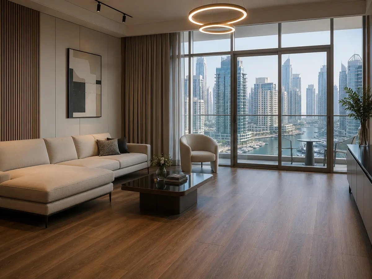 Premium LVT vinyl flooring installed in a Dubai Marina apartment living room