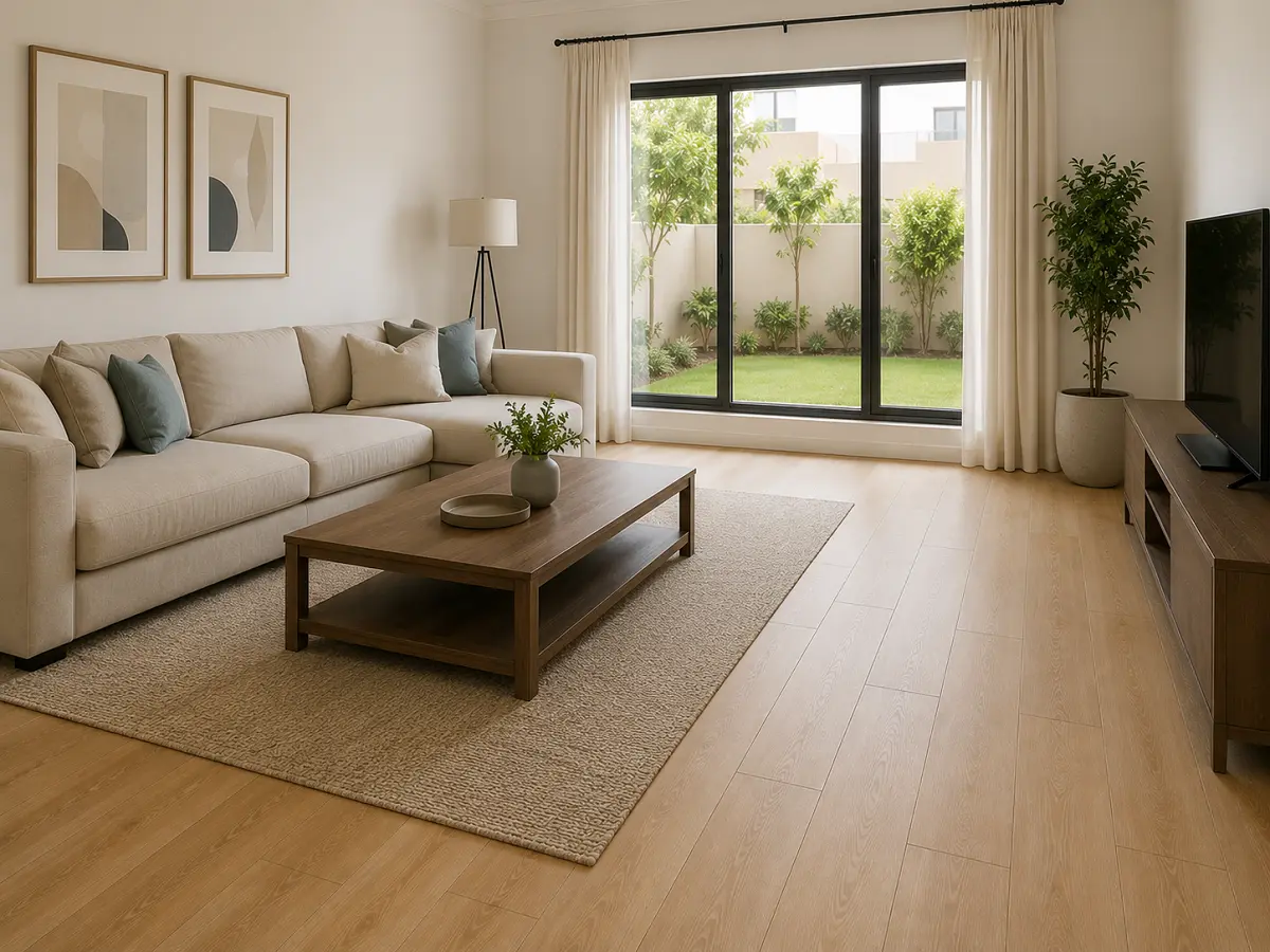 Premium LVT vinyl flooring installed in a Muweilah villa living room Sharjah