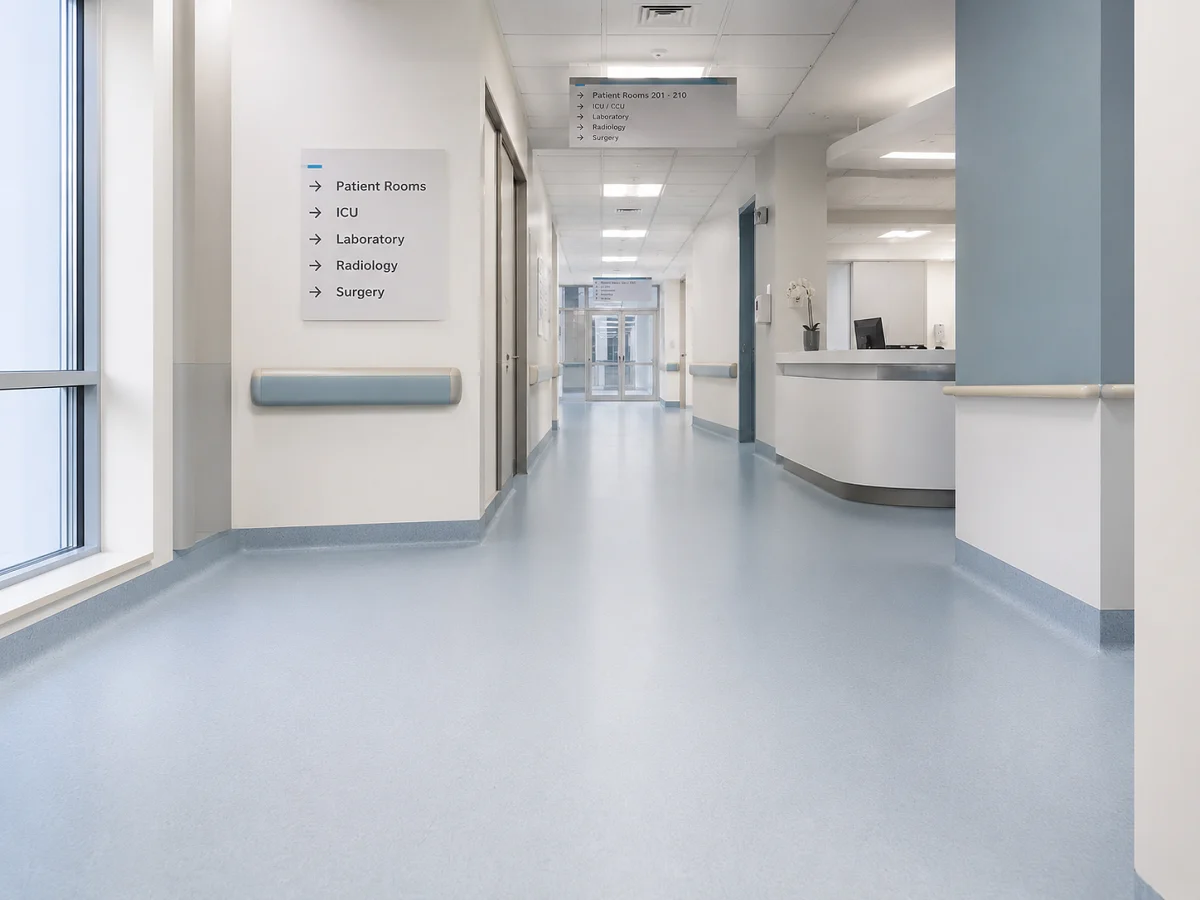 Heat-welded vinyl sheet flooring installed in a Dubai hospital corridor