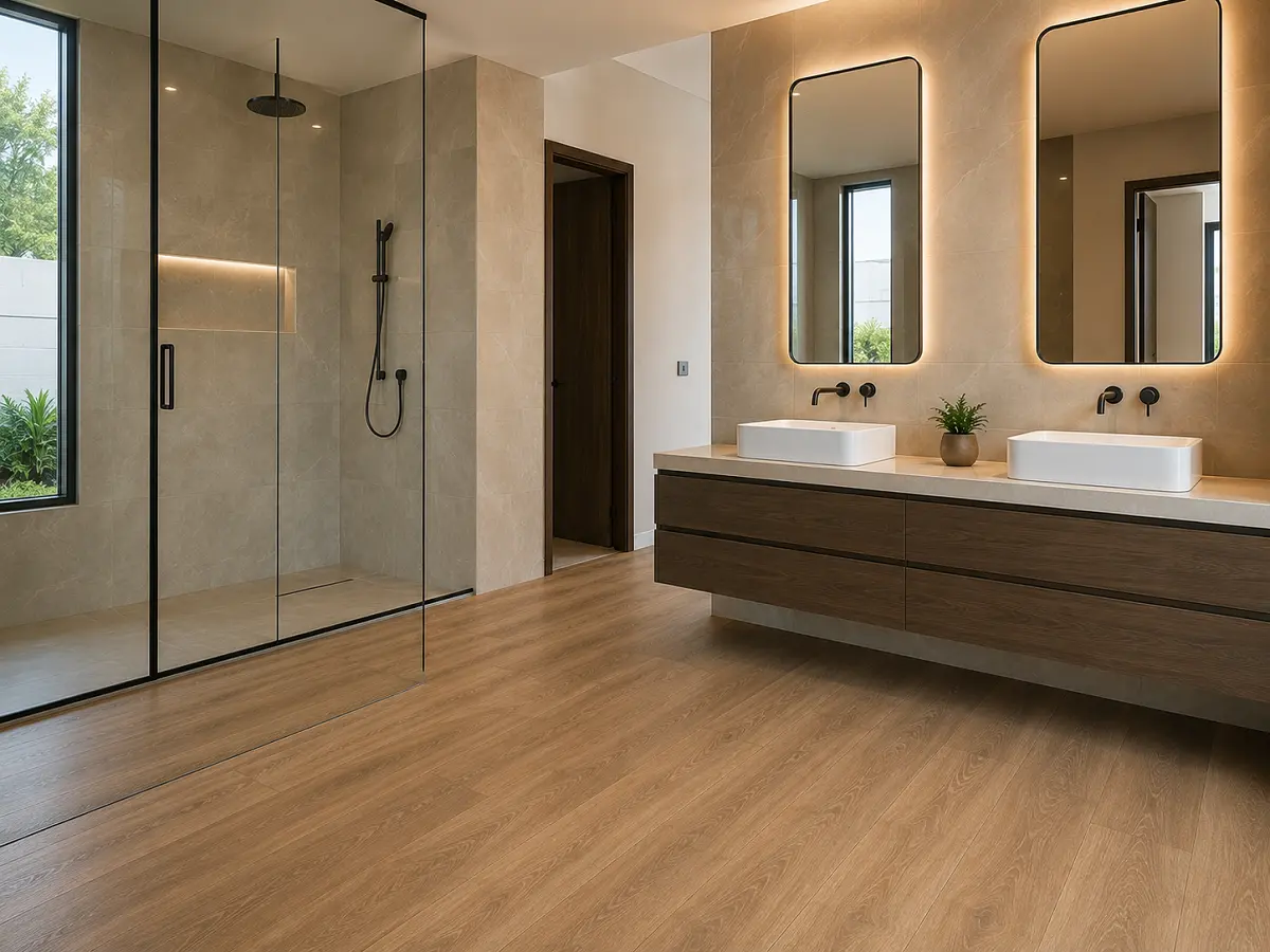 100% waterproof vinyl flooring installed in a UAE bathroom with glue-down seam-sealed installation