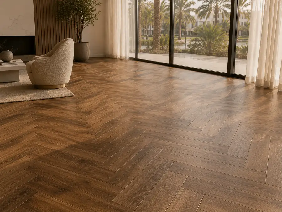 Herringbone pattern vinyl flooring installation in UAE villa