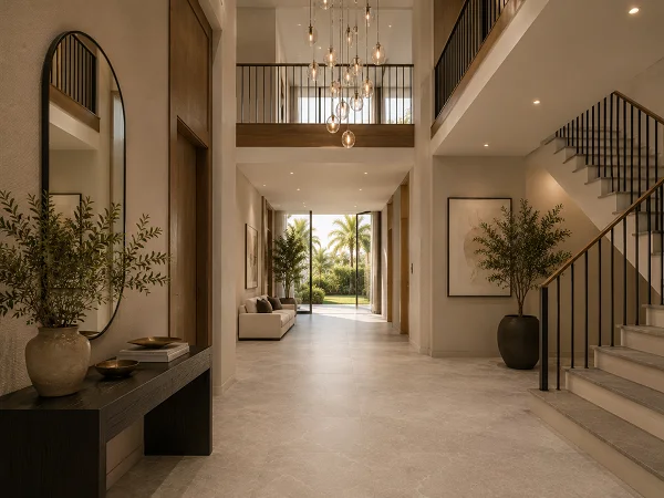 Premium SPC vinyl flooring in a UAE villa hallway and entry zone
