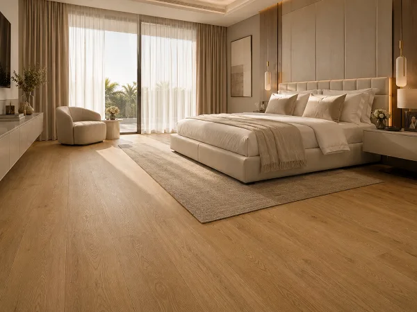WPC indoor vinyl flooring with soft-comfort core in a UAE master bedroom
