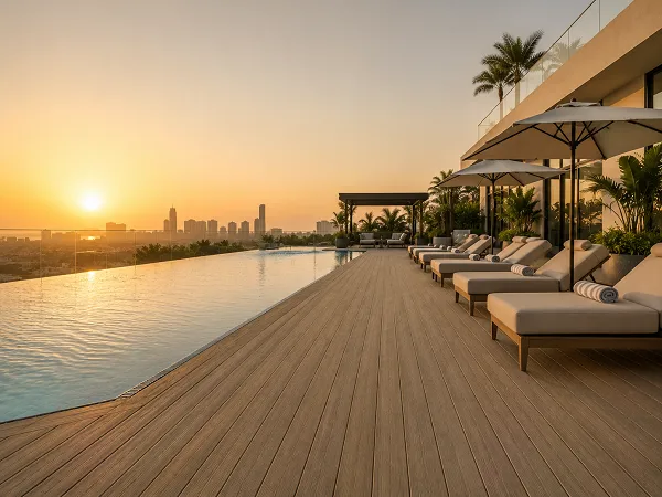 Outdoor-grade WPC vinyl flooring in a UAE pool deck balcony terrace area