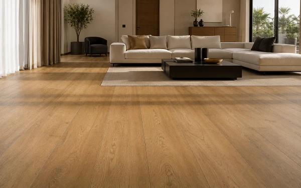 Wood-look vinyl plank flooring with authentic wood grain pattern