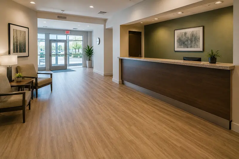 3-star midscale hotel interior with cost-efficient SPC and commercial LVT vinyl flooring in Dubai