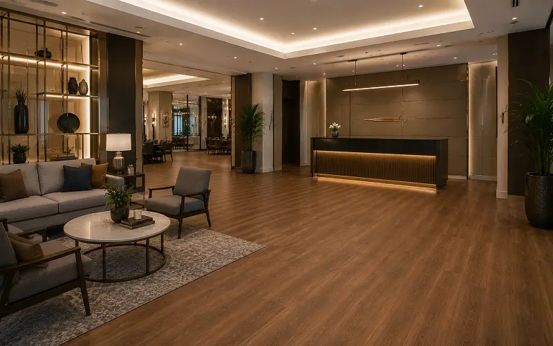 4-star upscale hotel interior with mid-premium LVT vinyl flooring in a Dubai upscale property