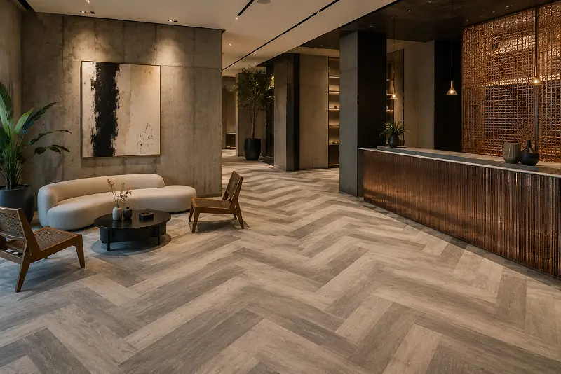 Boutique lifestyle hotel interior with bespoke LVT vinyl flooring and design-led aesthetic in Dubai