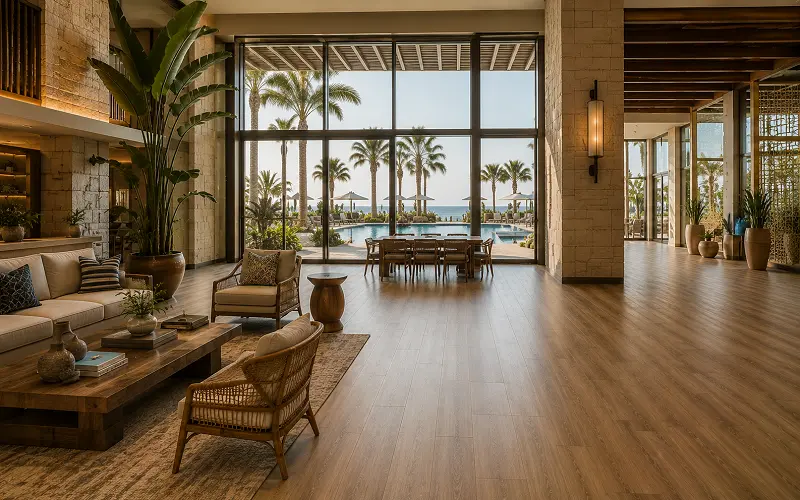 Resort hotel interior with multi-zone vinyl flooring across villa main building and amenities in Saadiyat Abu Dhabi