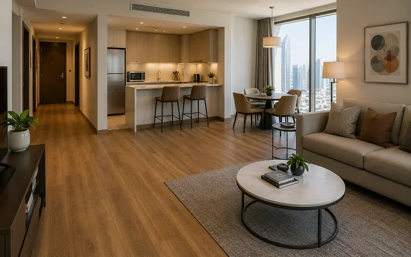 Serviced apartments and aparthotel interior with premium LVT vinyl flooring for extended stay in Dubai